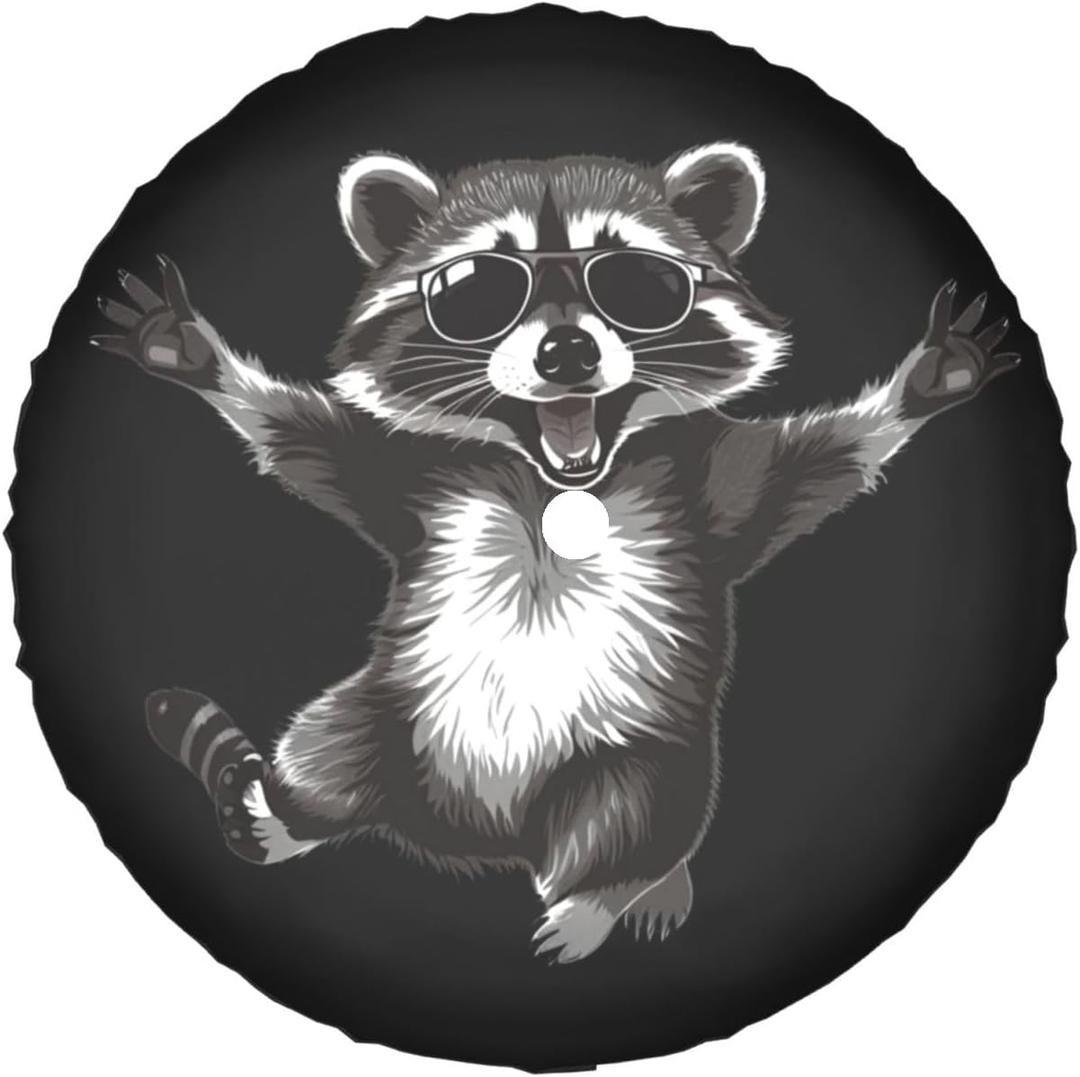 Funny Raccoon Spare Tire Wheel Cover with Backup Camera Hole Leather Wheel Cover Compatible with Wrangler JL (18 inch)