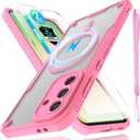 for Samsung Galaxy A56 Case with Magsafe Magnetic Slim Shockproof Protective Case,Translucent Matte Back with Lanyard Strap and 2*9H Tempered Glass Screen Protector Phone Cover 6.7-Inch-Pink