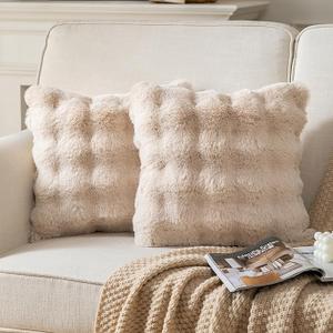 Pack of 2 Thick Plush Throw Pillow Covers Fluffy Wave Faux Fur Decorative Cushion Covers Soft Wool Pillowcase for Sofa Couch Livingroom 16x16 Inch Beige