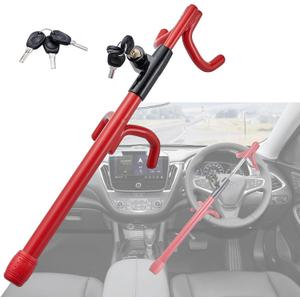 Steering Wheel Lock Anti-Theft Heavy Duty Secure Car Device, Adjustable Length Clamp Double Hook Locks Universal Fit Red