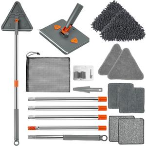 Base Board Cleaner Tool with Handle,360Rotating Wall Cleaner Mop,180 Folding Ceiling Tool Duster with Squeegee for Cleaning Wall, Ceiling, Window,Floor,8 Replacement Cleaning Pads