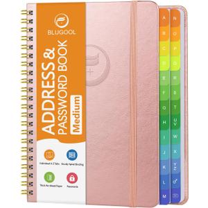 Address Book with Alphabetical Tabs-Address and Password Book for Seniors - Hardcover Spiral Bound Phone Book- Record Contacts, Website Login Passwords, Special Days -5.7" x 7.7", Rose Gold