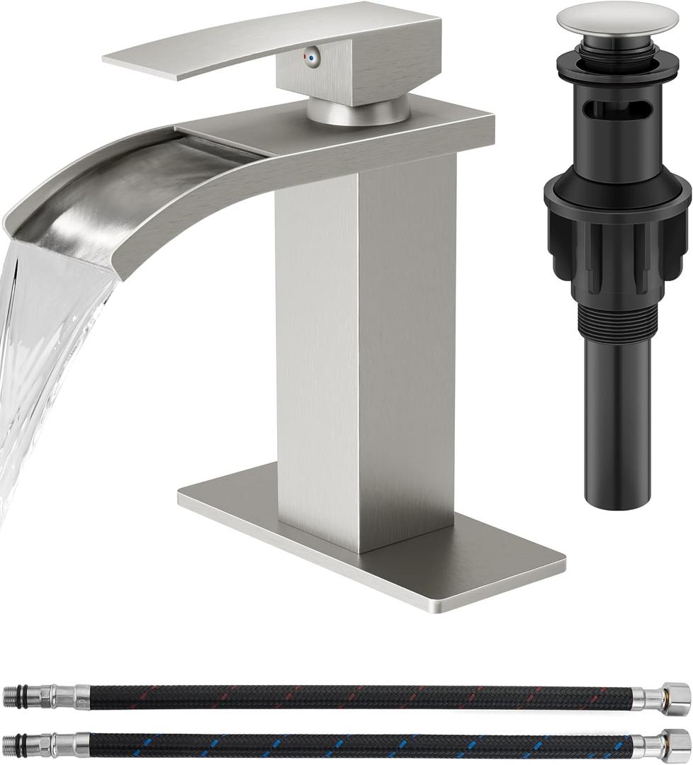 Brushed Nickel Waterfall Bathroom Faucet 1-Handle Vanity Faucet
Stainless Steel Modern Bathroom Sink Faucet,Pop-Up Drain, Supply Lines 6-in Deck Plate, 1- or 3-Hole, NSF Certified