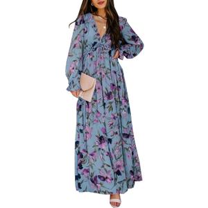 BLENCOT Womens Casual Boho Deep V Neck Short Sleeve Long Dress (X-Large, Blue)