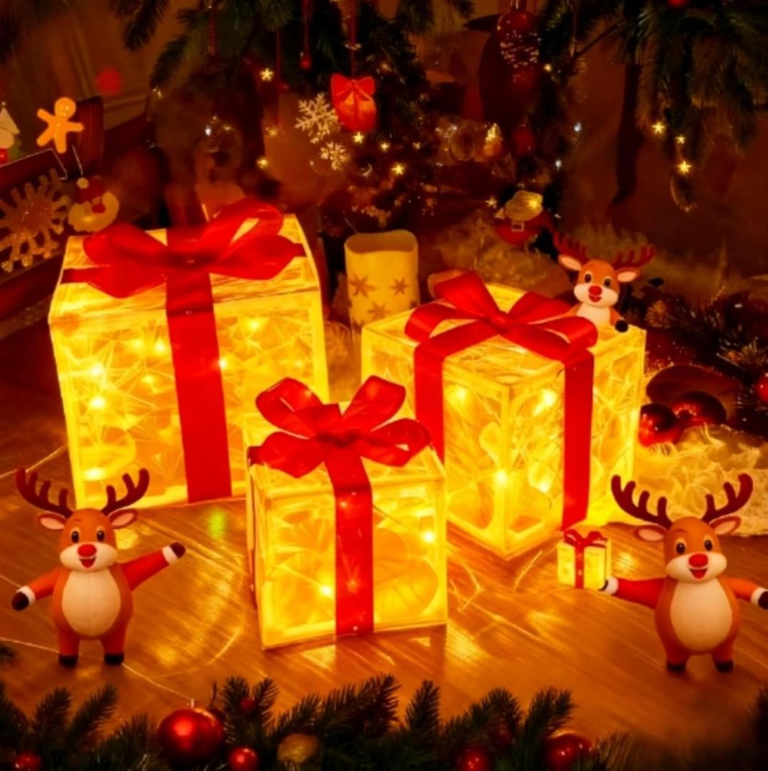 3-Piece Set of red Christmas Glowing Gift Box Decorations, 60-LED Christmas Glowing Gift Box, Battery-Powered Gift Box, Suitable for Christmas Tree, Yard, Family Porch, Holiday Lawn Decoration