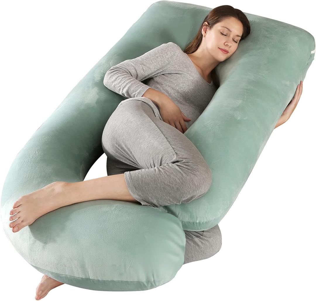 BATTOP Pregnancy Pillows for Sleeping,Full Body Maternity Pillow,Support for Back,HIPS,Legs,Belly for Pregnant Women,Pregnancy Pillow with Removable Cover (Velvet-green2023)