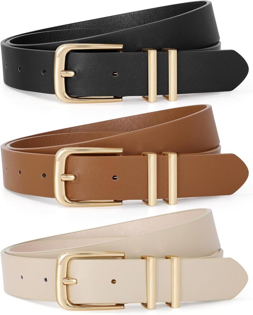 TRIWORKS 2 Pack Women Belts For Jeans Pants Dresses Ladies Leather Waist Belts (A-Gold-Black+Brown)