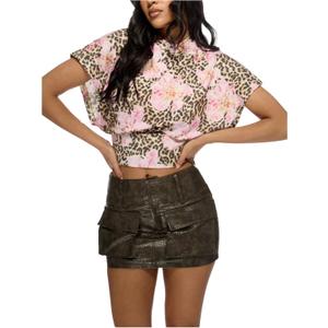 MakeMeChic Women's Floral Cheetah Print Blouse Mock Neck Short Sleeve Summer Boho Loose Shirt (S)