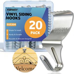 FURWEY 20 Pack Vinyl Siding Hooks, No Hole Vinyl Siding Clips, Heavy Duty Stainless Steel, for Outdoor & Festive Decoration