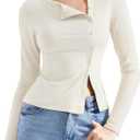 SUUKSESS Women Button Down Ribbed Tops Long Sleeve Going Out Fitted Modal Shirt (Large, Cream White)