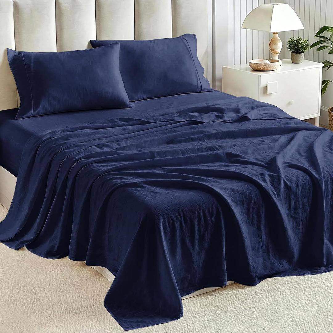 Tokokimo Queen Sheet Set 4 Piece, Super Soft Washed Cotton-Linen Feel Microfiber, 16" Deep Pocket Fitted Sheet, 1 Flat Sheet, 2 Pillowcases, Breathable Bed Sheets, Navy Blue