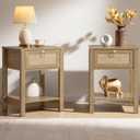 SICOTAS Nightstand Set of 2 - Rattan Decor Drawer with Brass Knobs Night Stand Bedside Table Boho End Tables Side Tables with Storage Shelf for Bedroom, Small Space