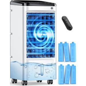 CENSTECH Evaporative Air Cooler, Swamp Cooler Air Conditioner w/ 12H Timer for Auto-off, 6 Upgraded Ice Packs, 3-Speed Windowless Air Conditioner, Smart Remote, Dual Tank Portable Air Cooler for Room