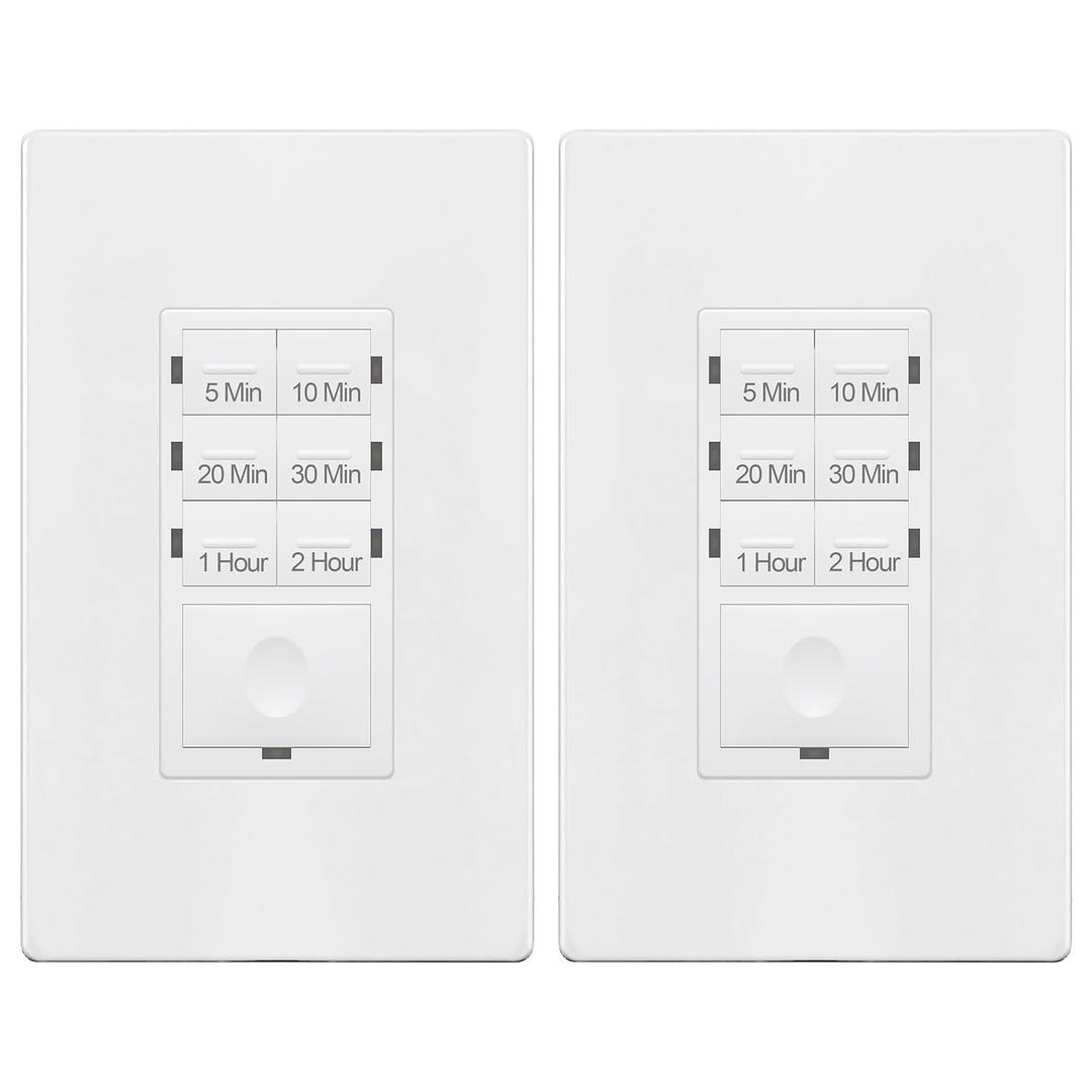 ENERLITES 2-Hour No Neutral Countdown Timer Switch, 2 Pack | UL Listed, 5-10-20-30 Min, 1-2 Hr, for Bathroom Exhaust Fans, Lights, LED Indicator, 120VAC 800W, Energy Saving