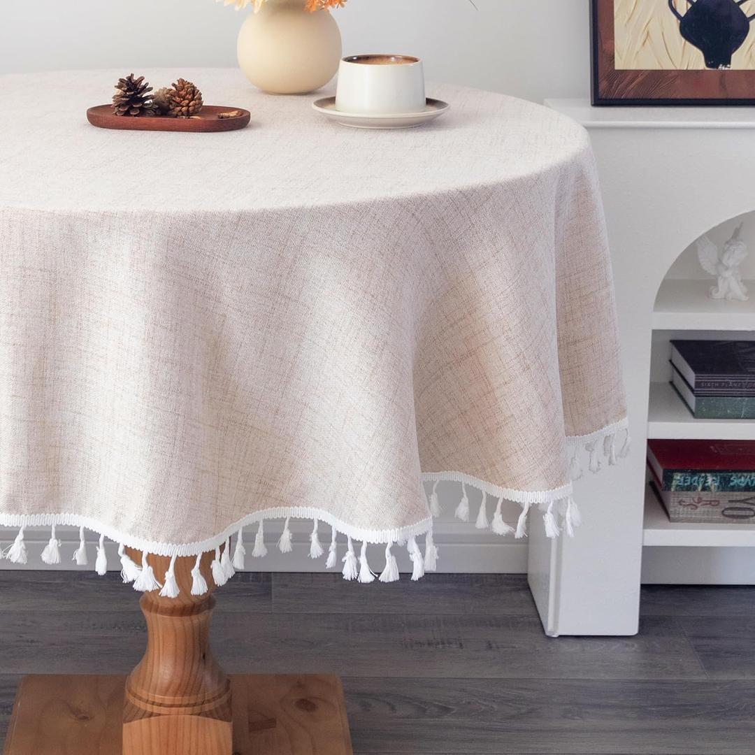 Linen Round Tablecloth 52 Inch Beige Washable Wrinkle Resistant Table Cloths with Tassels Farmhouse Decorative Burlap Fabric Table Cover for Wedding Camping Party Holiday