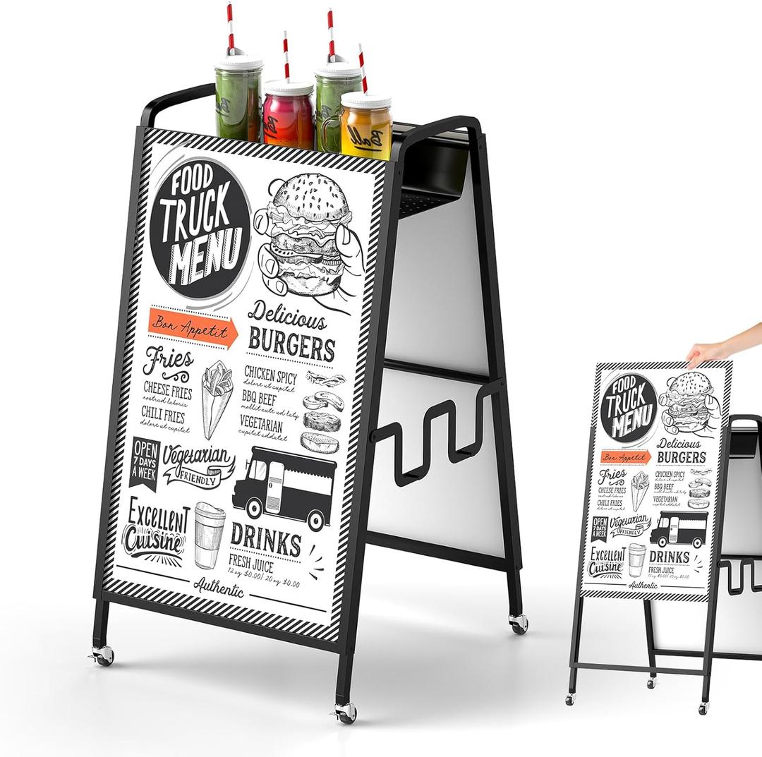 Double-sided Sandwich Board Sidewalk Holder, Heavy Duty A Frame Sign with Lockable Casters & Handle, Metal A Frame Sign for Cafe, Restaurant, 26 x 43 Inch