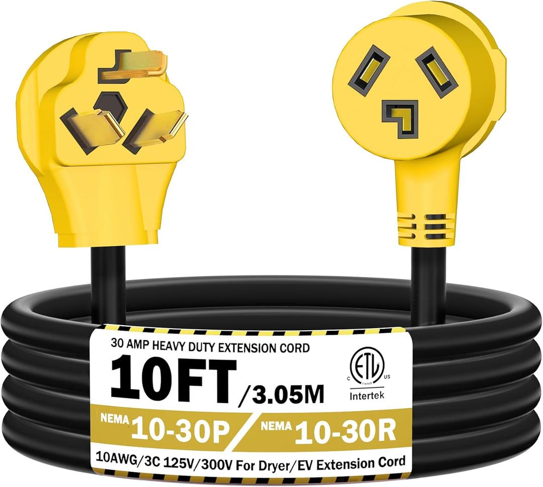 10FT 3 Prong Dryer 30A 10-30P to 10-30R / EV Extension Cord Level 2 EV Charging Model 3/X/Y/S 125V/250V STW 10 Gauge Heavy Duty Extension Cord Yellow Plug