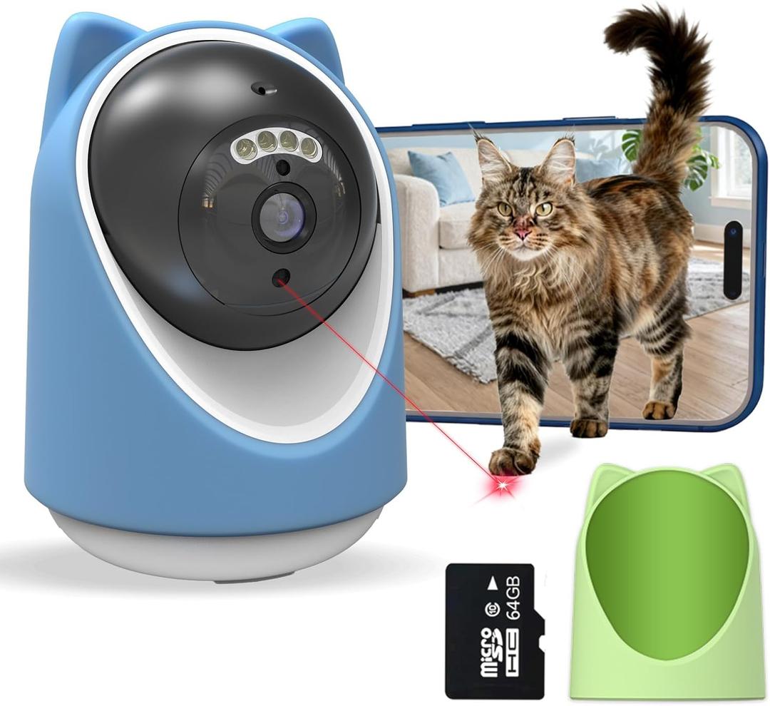 Pet Camera, 2K HD Indoor Dog and Cat Camera with Auto-Tracking & Laser Toy, Home Security Camera with Motion Detection, 2-Way Audio, Night Vision, No Subscription Required64GB SD Card