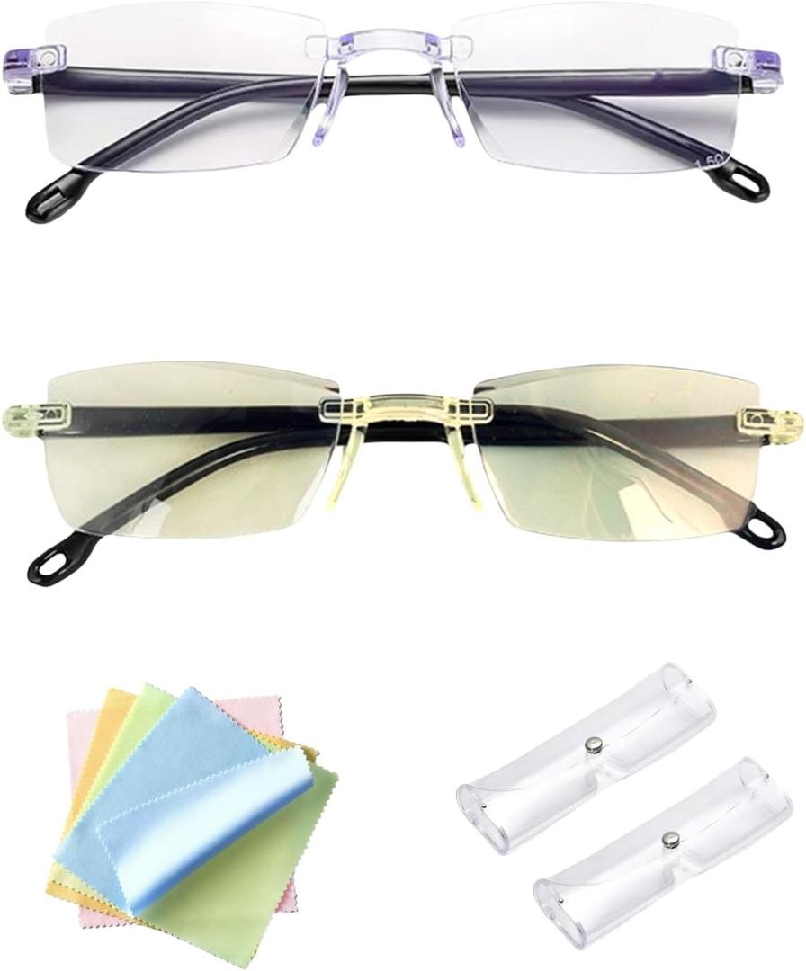 2 Pcs Auto Focus Glasses Self Adjusting, Intelligent Dual Focusing Eyeglasses Smart Zoom Reading Anti-Blue Presbyopia Glass Look Far And Near For Men Women With Case And Glasses Cloth (Yellow+White)