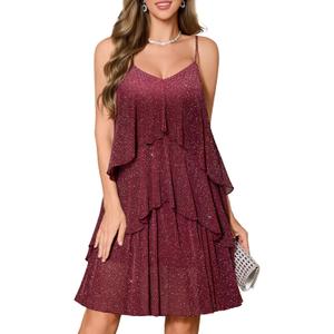 DRESSTELLS Women's Cocktail Ruffle Tiered Dresses, Formal Wedding Guest Graduation Party Mini Dress (Medium, Glitter Burgundy)