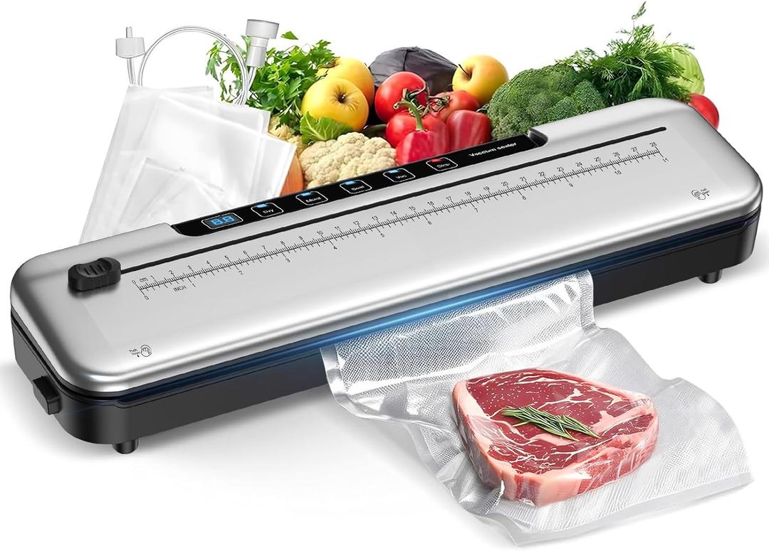 Vacuum Sealer Machine for Food Preservation, 6-in-1 Food Sealer for Freshness Storage, 75kpa Compact Vacuum Sealing Machine with External Sliding Blade, Digital Countdown Timer Silver