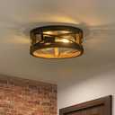 Farmhouse Ceiling Light, 2-Light Round Flush Mount Ceiling Light with Wood and Metal Frame, Black Rustic Light Fixture for Hallway, Entryway, Bedroom, Kitchen