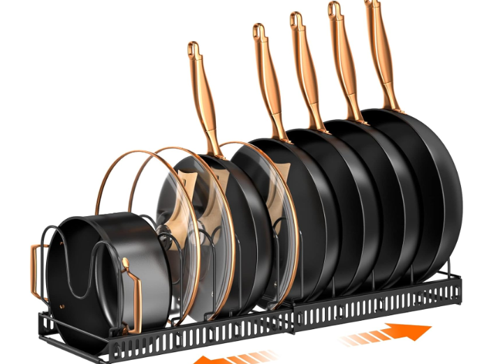 MUDEELA Pots and Pans Organizer : Rack for under Cabinet, Expandable Pot Lid Kitchen Cabinet Organizer Holder with 10 Adjustable Compartment, for Cutting Board, Cast-iron Pan, Heavy Cookware