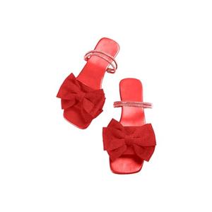 GORGLITTER Women's Bow Flat Sandals Dressy Rhinestone Slides Comfort Sandals Cute Slip On Shoes Red 9