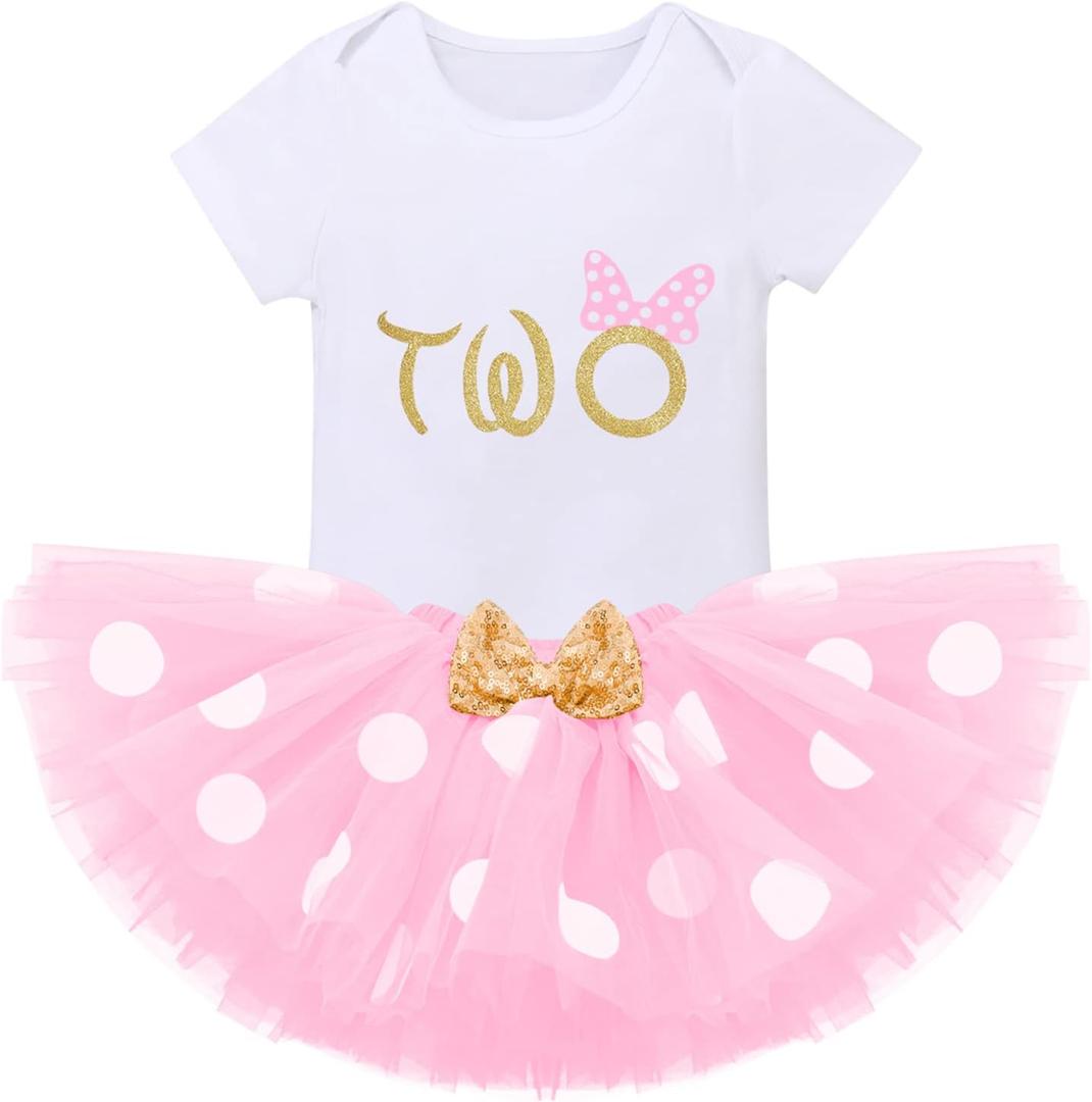 IMEKIS Baby Girl Mouse Birthday Outfit 1st 2nd Birthday Cake Smash Romper Tutu Skirt Polka Dots Clothes Set (2T, Pink - Two)