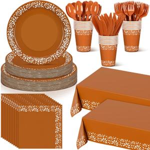 Havawish 177 Pcs Cielito Lindo Party Decoration Platos De Barro Mexicanos Fiesta Tableware Dinnerware Set Mexicanos Talavera Plates Cups Napkins Tablecloths(Terracotta Color,White Flower)