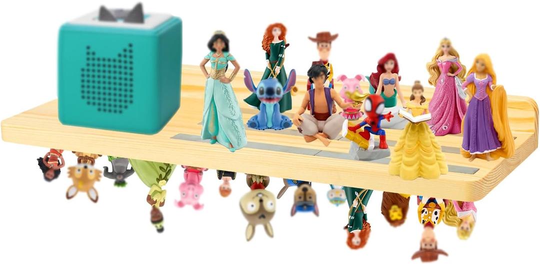 WodGod for Tonie Shelf Magnetic,for Tonie Storage Wall, Holds 38+ Characters Creative Magnetic Top & Back,Pinewood Floating Shelves for Wall,Dedicated Charging Spot for Tonebox,Figures Storage