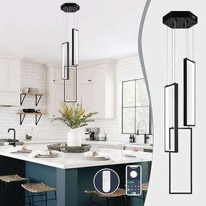 AyshwillDec Black Modern Led Chandelier Light Fixture Adjustable High Ceiling Light Fixtures Dimmable Led Pendant Lighting 3 Rings Rectangle Staircase Chandelier for Foyer Living Room Kitchen Island