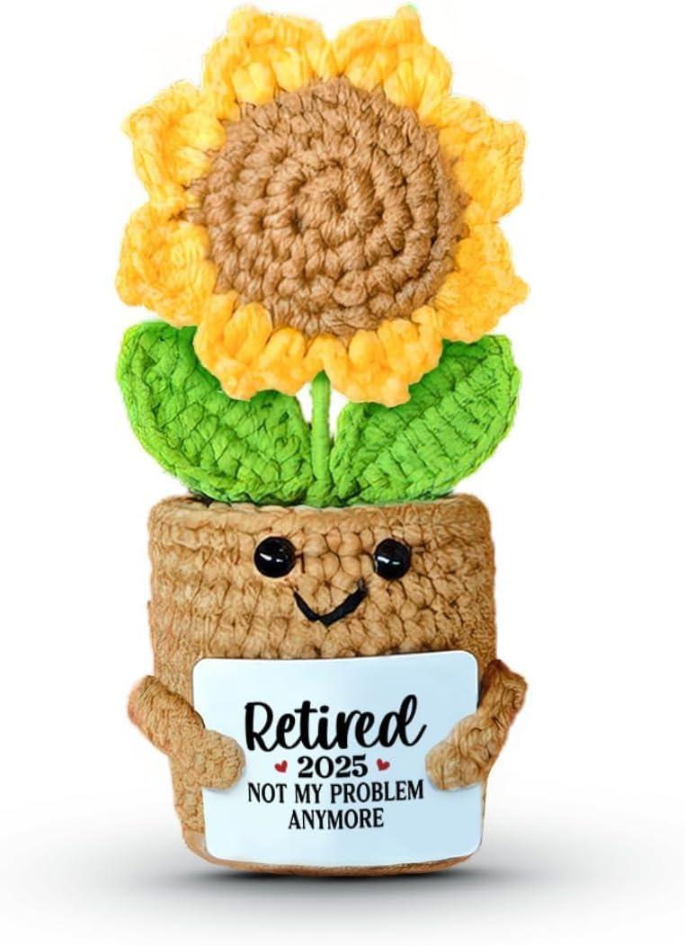 5 x Retirement Gift for Woman  Handmade Mini Sunflower Crochet with Retired 2025 Not My Problem Anymore Card  Cute Funny Retirement Decoration for Women, Teachers, Coworkers, Nurses