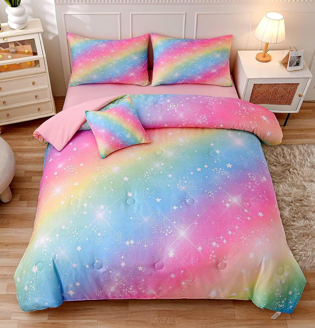 6 Pieces Pink Twin Comforter Set for Girls,Kids Glitter Galaxy Rainbow Bedding Sets Bed in A Bag (1 Comforter, 1 Flat Sheet,1 Fitted Sheet,2 Pillowcases and 1 Cushion Cover)