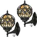 2 Pack Dusk to Dawn Globe Outdoor Wall Lights, Black Round Porch Light for Patio Garage Doorway, Anti-Rust Aluminum Waterproof Exterior Sensor Lighting Fixtures, Wall Sconce Lantern with Amber Glass, 13.1"H-2 Pack