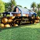 Happy Birthday Backdrop Banner Birthday Party Decoration Supplies 118x20 Inches Golden Balloons Stars Confetti for Birthday Party Celebration Event Outdoor Yard Wall Decor