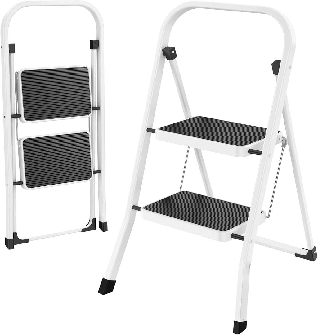 HBTower Step Ladder Folding Step Stool for Adults with Anti-Slip Pedal,330 lbs Capacity for Kitchen, Home,White