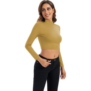 Womens Long Sleeve Crop Tops Lightweight Mock Neck Base Layer Shirts (Yellow, M)