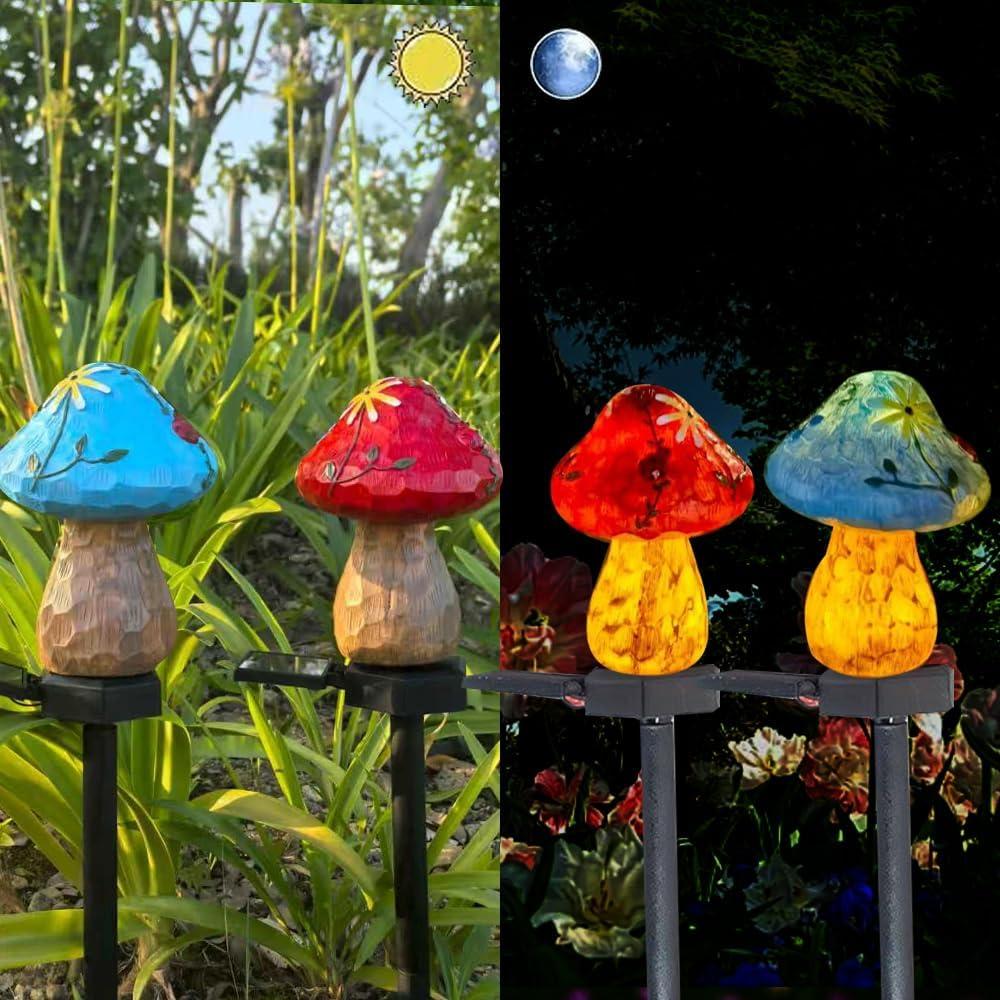2 Pack Solar Powered Red and Blue Mushroom Floor Lights, Garden Decorative Resin Cute Mushroom lamp, Wireless Dusk to Dawn LED Lights Waterproof.
