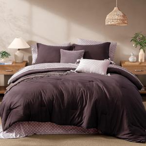 Monbix Queen Comforter Set - 7 Pieces ltalian Plum Prewashed Bed in a Bag Queen Bedding Sets with Comforters, All Seasons Ultra Soft Comforter Bed Set with Sheets,Pillowcases & Shams