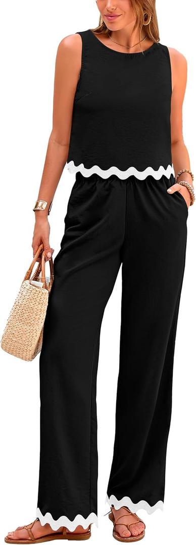 PRETTYGARDEN Women's 2 Piece Outfits Smmer Casual Sleeveless Tank Crop Top Pants Sets Tracksuit (Small, Black)