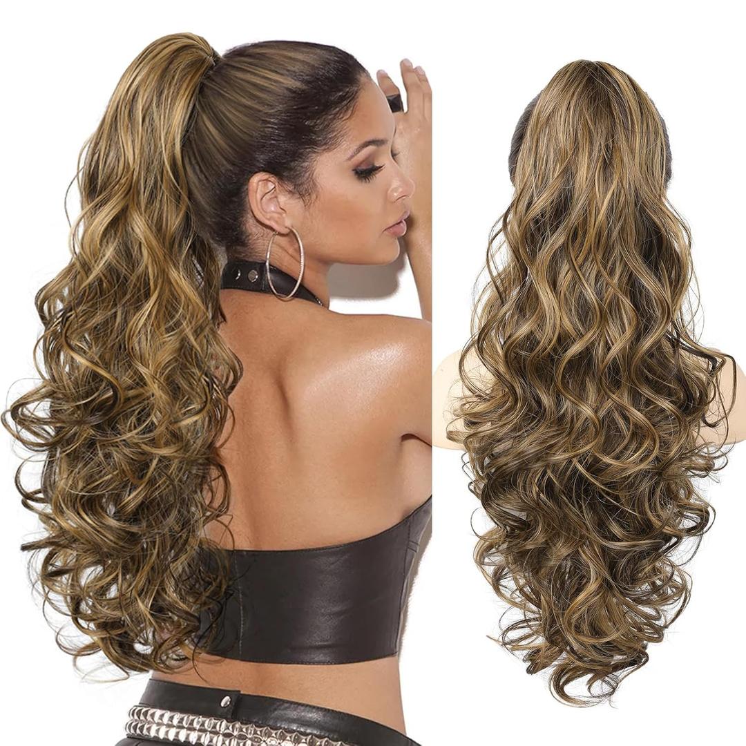 LONAI Ponytail Extension for Women, 26 Inch Claw Clip Ponytail Extensions Wavy Curly Pony Tail Clip in Hair Natural Looking Synthetic Hairpiece for Daily Wear Chocolate Brown with Medium Blonde