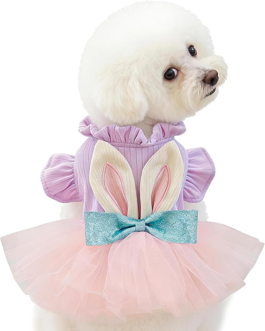 Dog Easter Bunny Ears Dress, Cute Bowknot Cat Tutu, Mesh Skirt for Princess Pet, Cosplay Clothing for Puppy, Kitten Cats, Small and Medium Dogs (Small)