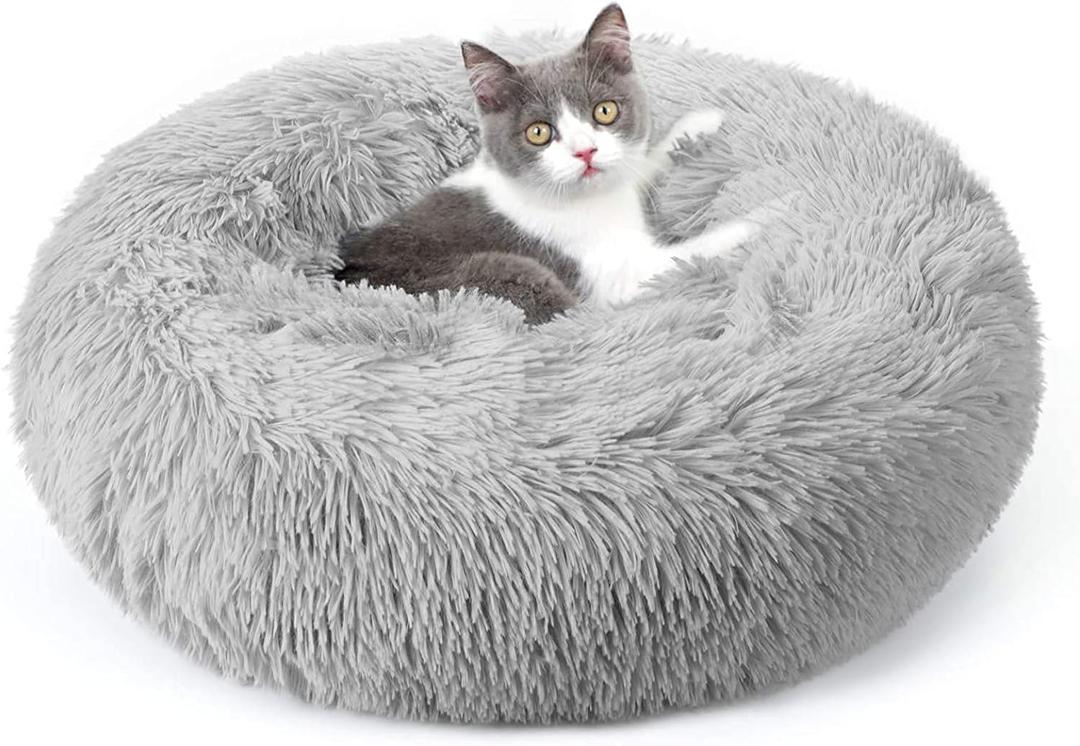 rabbitgoo Cat Beds for Indoor, 20 inches Machine Washable, Fluffy Round Pet Bed Non-Slip, Calming Soft Plush Donut Cuddler Cushion Self Warming for Small Dogs Kittens, Light Grey, Medium (20"L x 20"W x 4.7"Th)