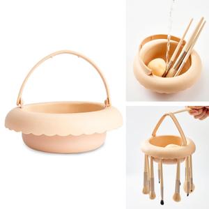 Makeup Brush Cleaner Mat with Handle, 3 in 1 Portable Silicone Makeup Brush Cleaner Bowl, Cosmetic Brushes Cleaning Tool Organizer for Storage and Air Drying, Beige