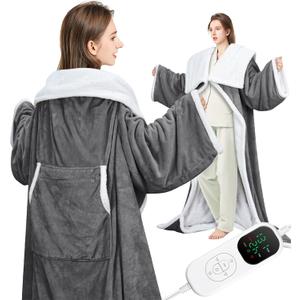 Wearable Heated Blanket Electric Snuggle with Foot Pocket/Sleeves, 59x70 Inch Heated Throw Blanket with for Women Men Adults, Super Soft Flannel & Sherpa Blanket Warmer for Home Office, Gray