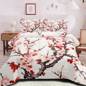 Jolusere Pink Cherry Blossom Bedding Set Queen Size for Girls Japanese Comforter Ultra Soft Lightweight Breathable Cherry Comforter Set with 2 Pillowcases