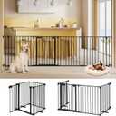 Freestanding Dog Gates with Door Walk Through, Extra Wide Doggy Door 100" W x 29" H Pet Gate Safty 4 Panels Dog Fence for Stairs, Doorways (Black)