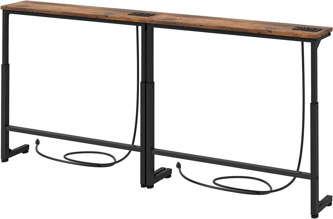 Kitstorack Behind Couch Table, Adjustable Height Narrow Console Table with 2 Power Strips, Split Design for Separate Wall Use, Anti-Scratch Tip, Rustic Brown for Living Room (70.8" Long)