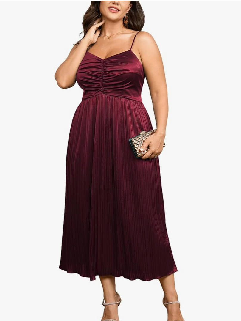 SCOMCHIC Women's Plus Size Dress Pleated V Neck Sleeveless Spaghetti Strap A Line Cocktail Party Cami Long Maxi Dress, 2XL
